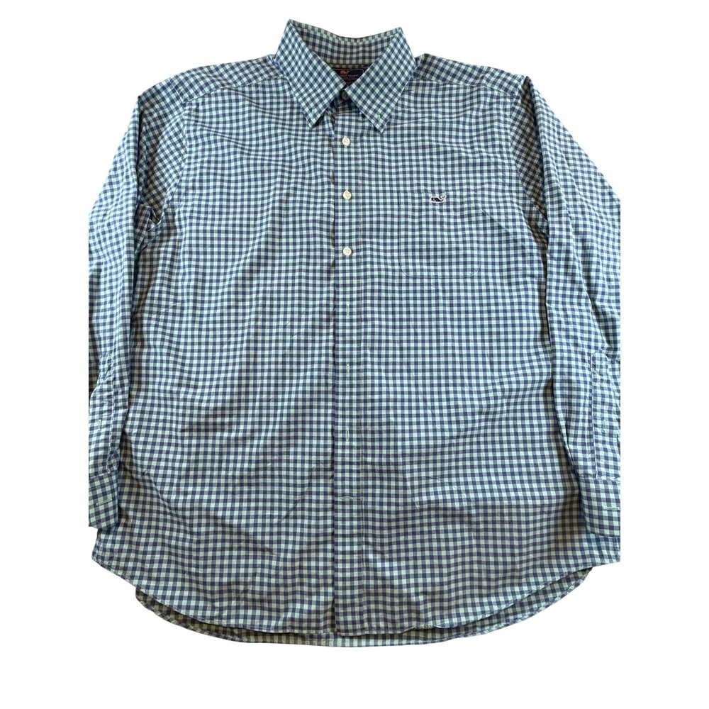 Vineyard Vines Slim Fit Tucker Shirt XXL Green Blue Gingham Nylon Button Down